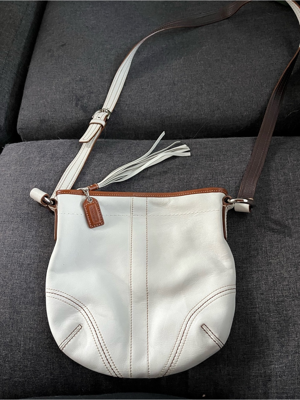 Coach White/Cream Leather Crossbody Bag with Brown Trim
